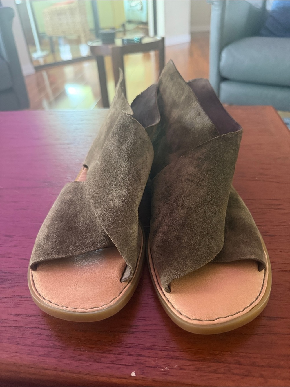 Born Olive Suede Crossover Open-Toe Sandals with Back Zip - Picture 9 of 9